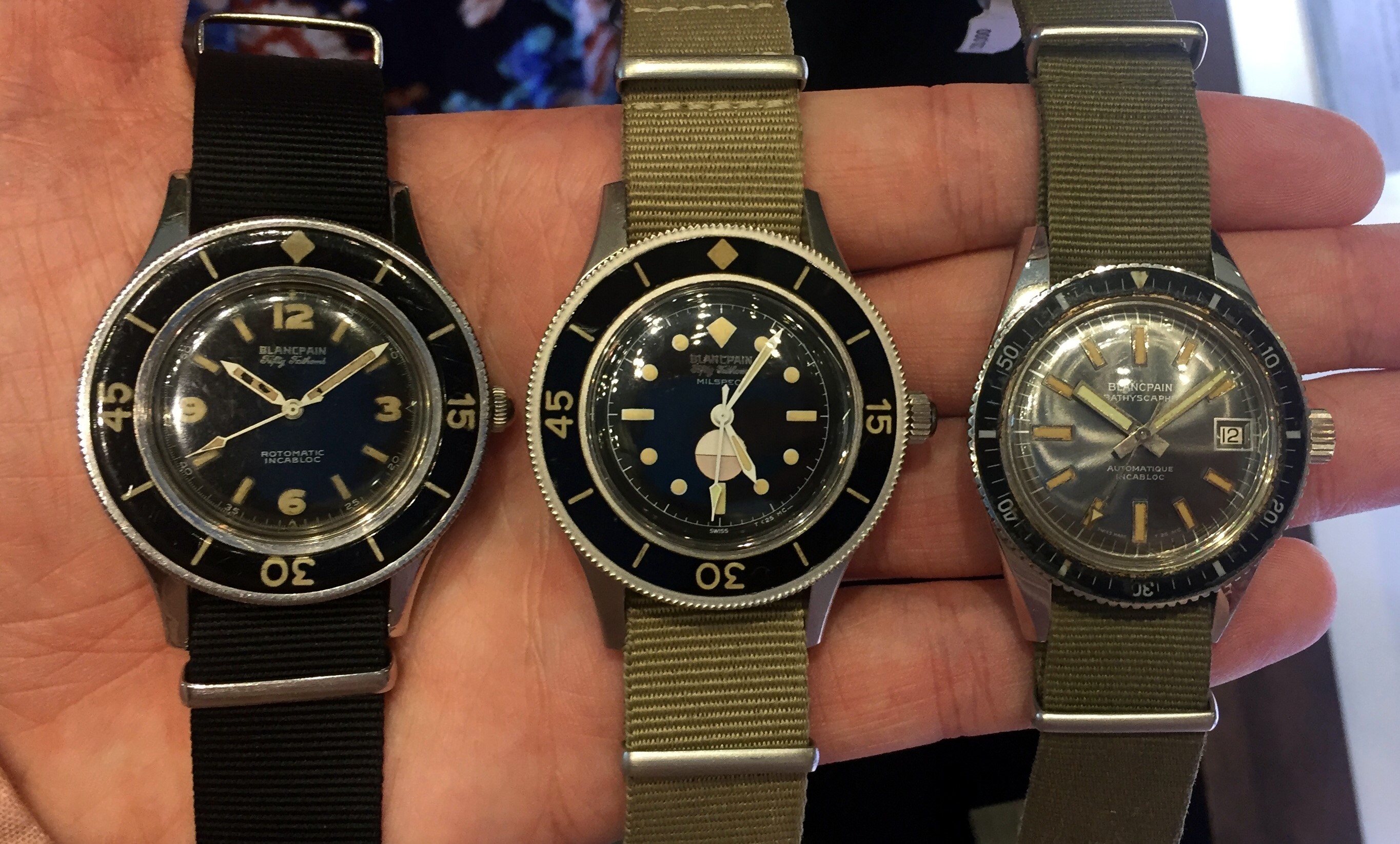 The original 1953 Fifty Fathoms (L), Fifty Fathoms Mil-Spec (C), and Fifty Fathoms Bathyscaphe (R)