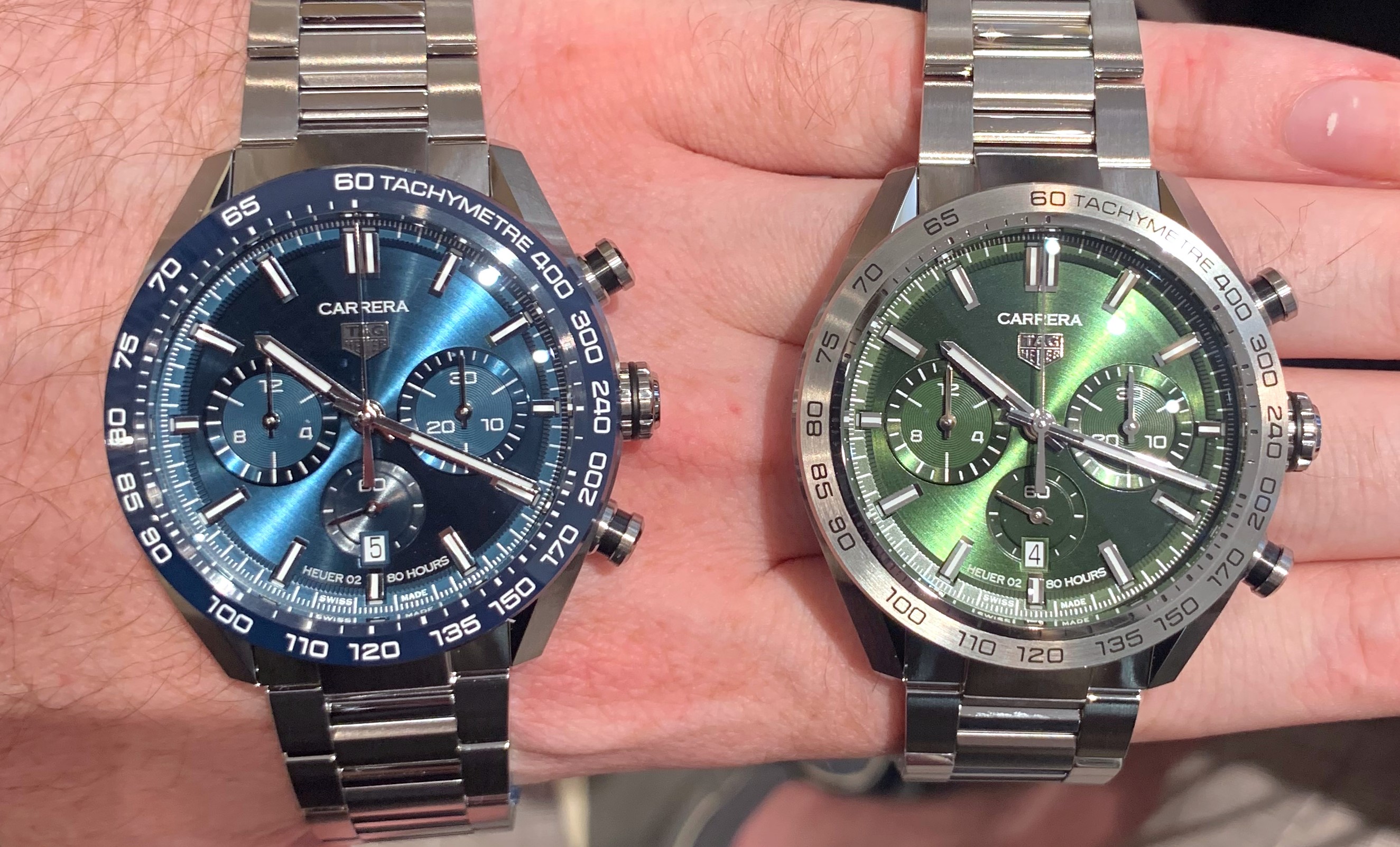 TAG Heuer Carrera 44mm sport chronographs side by side blue and green
