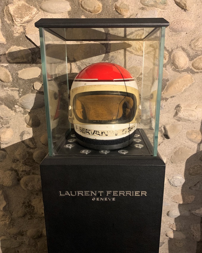 Laurent Ferrier's racing helmet from Le Mans on display at the Laurent Ferrier manufacture