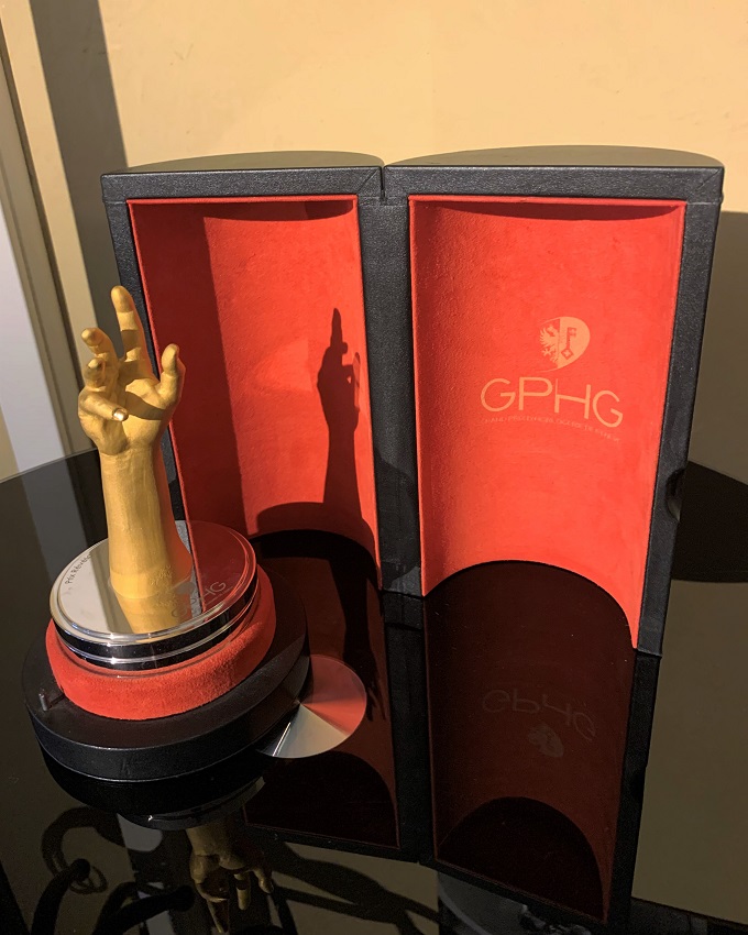 Laurent Ferrier's GPHG Award trophy at the Laurent Ferrier Manufacture