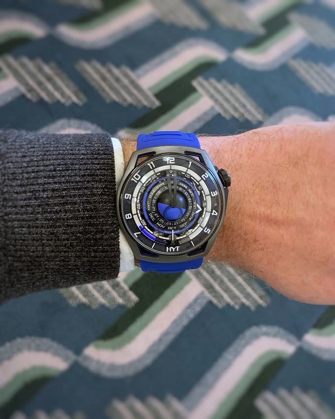 HYT Moonrunner blue wrist shot as seen at a collectors evening with Davide Cerrato