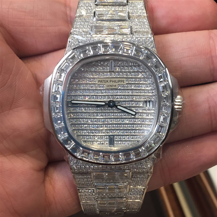 Pave diamond gem-set Patek Nautilus 5719-10G-010 showing gem-setting in watchmaking